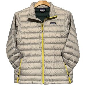 Patagonia Boy’s Sz XL 14 Light Gray Contrast Yellow Down Sweater Full Zip Jacket